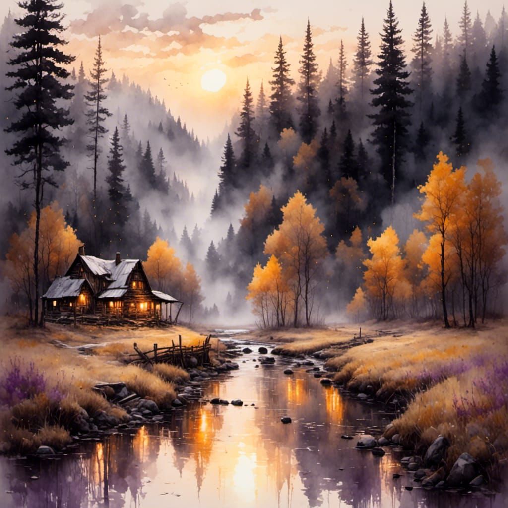 Dawn Over Forest Stream and Waterfall in Watercolor