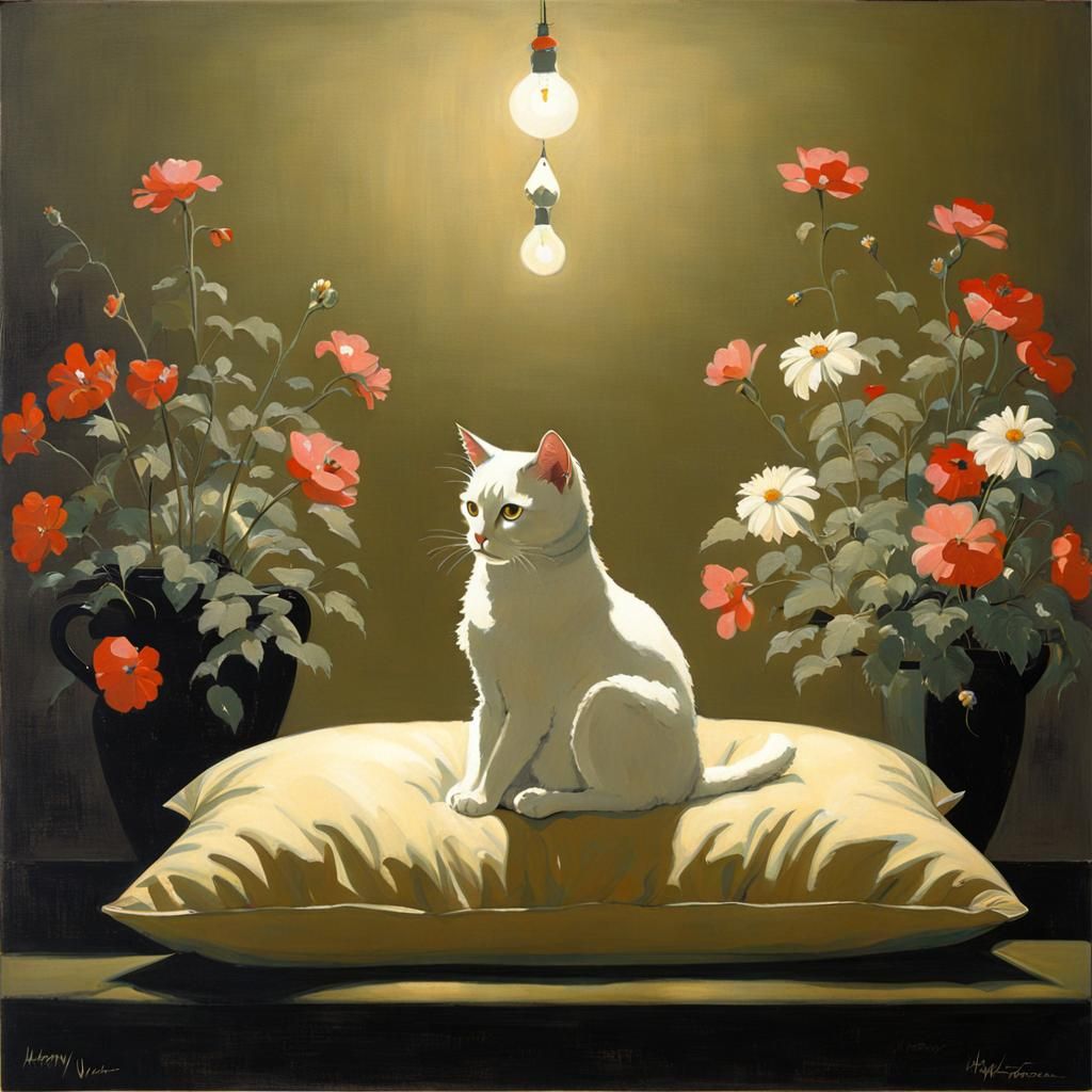 Cute Cat Surrounded by Flowers in Watrous Style