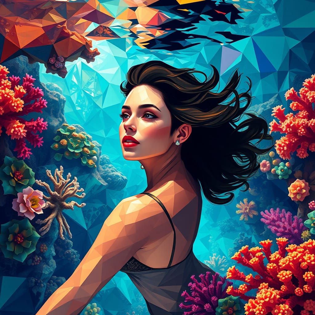 Vibrant Woman in a Kaleidoscopic Coral Reef Scene