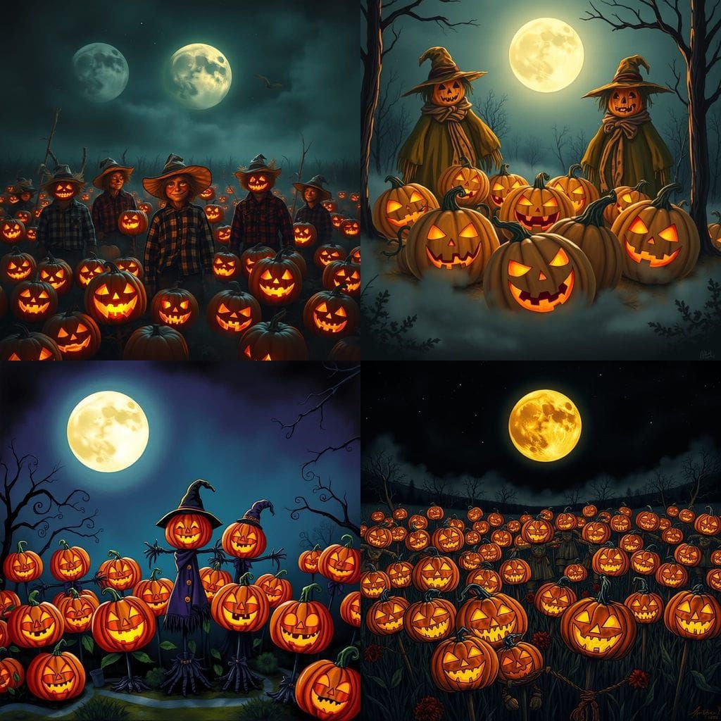 Jack-o'-Lanterns and Scarecrows in Halloween Patch
