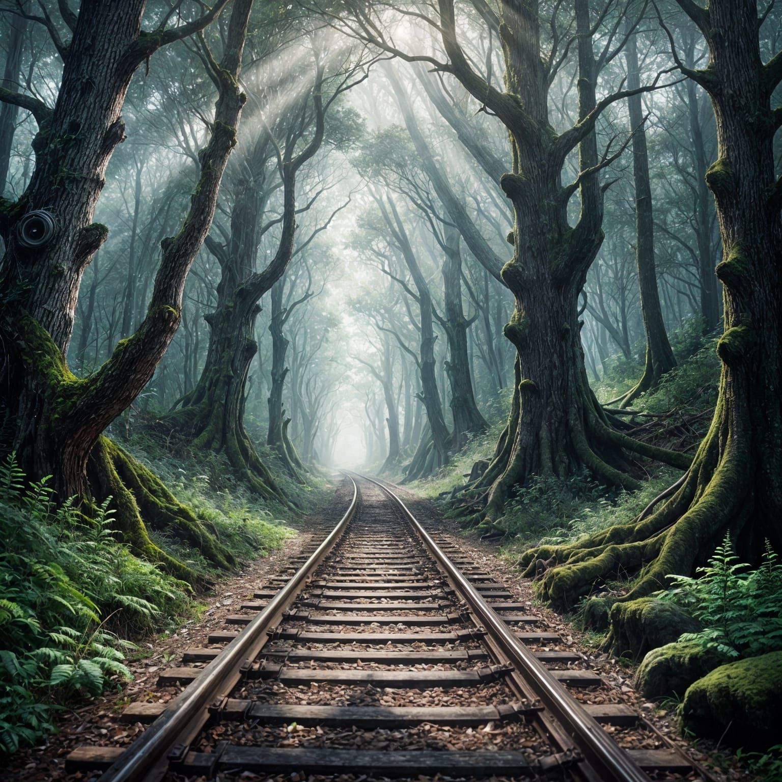 Eerie Forest Train Track Disappears into Shadow