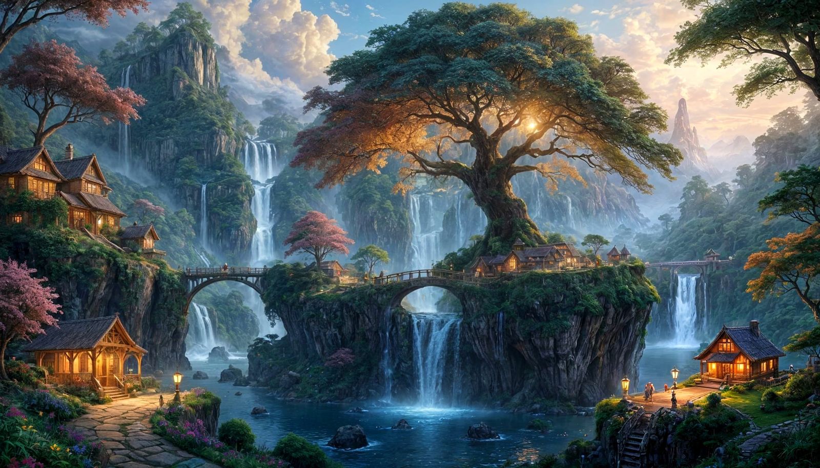 Majestic Floating Island Village with Luminous Tree