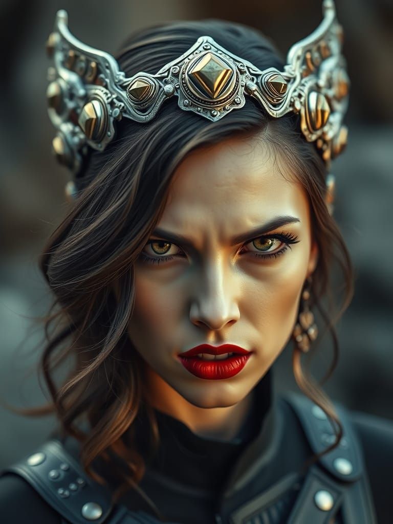 Woman with Futuristic Ornate Headpiece, Fierce Expression
