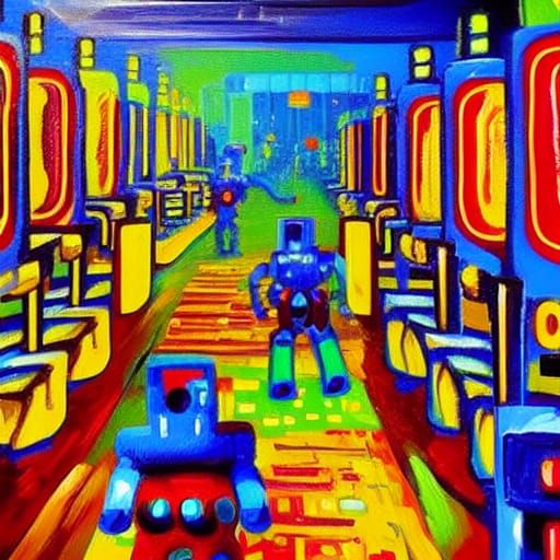 Retro Arcade with Robots in Expressionist Style