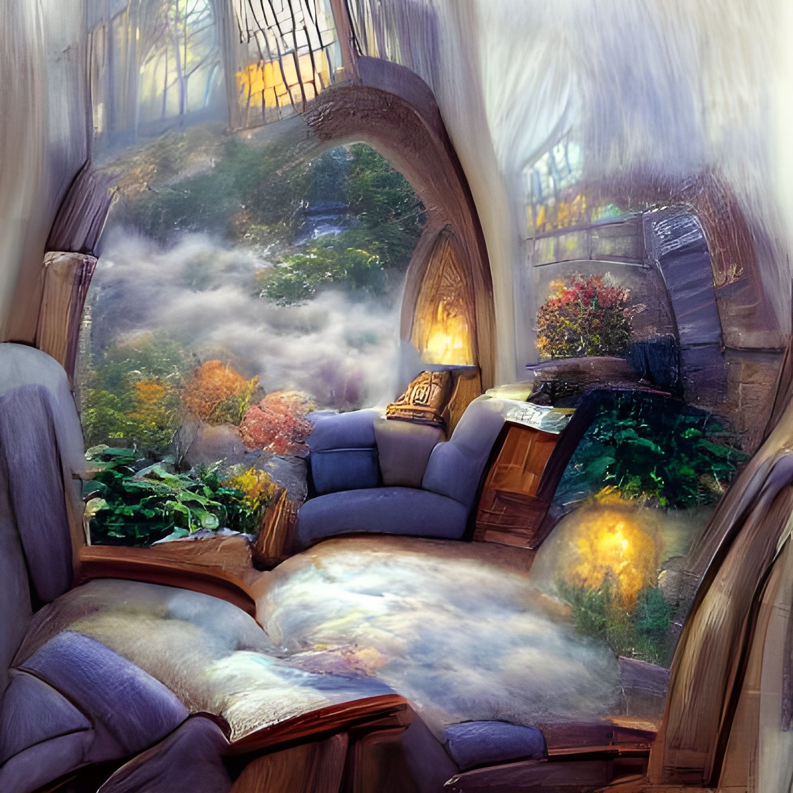 Ethereal Fantasy Reading Nook in Kinkade Style