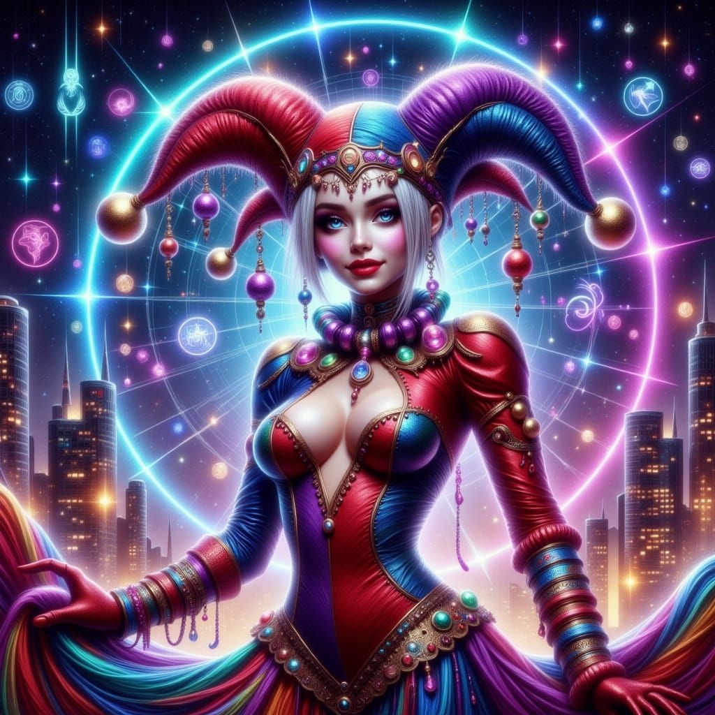 Vibrant Harley Quinn in Neon Cityscape Zodiac Splendor