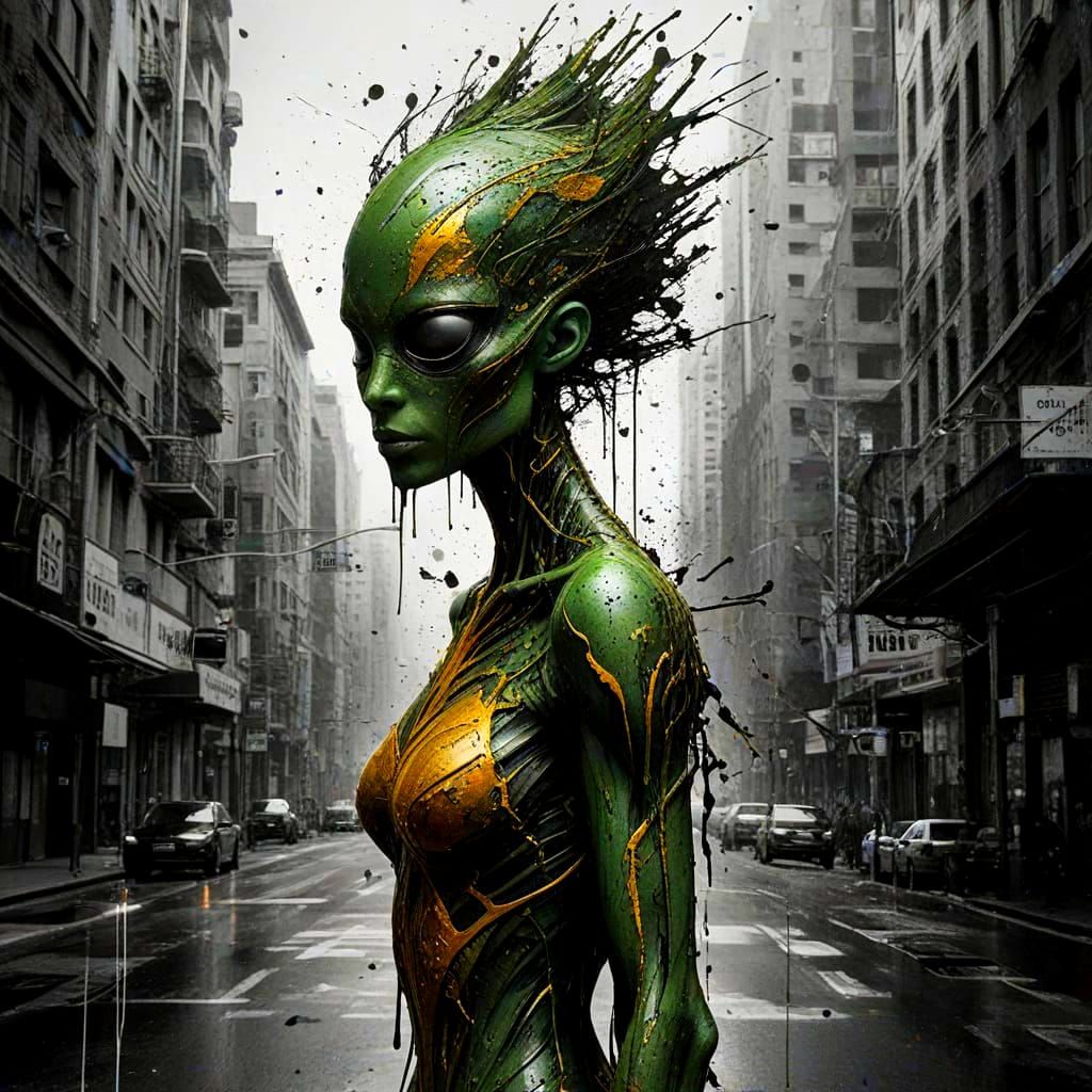 Green Alien Hitchhiker in Abstract Mixed Media