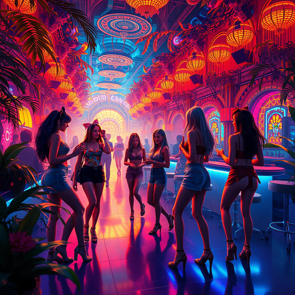 Girls Dancing in a Mystical Neon Nightclub