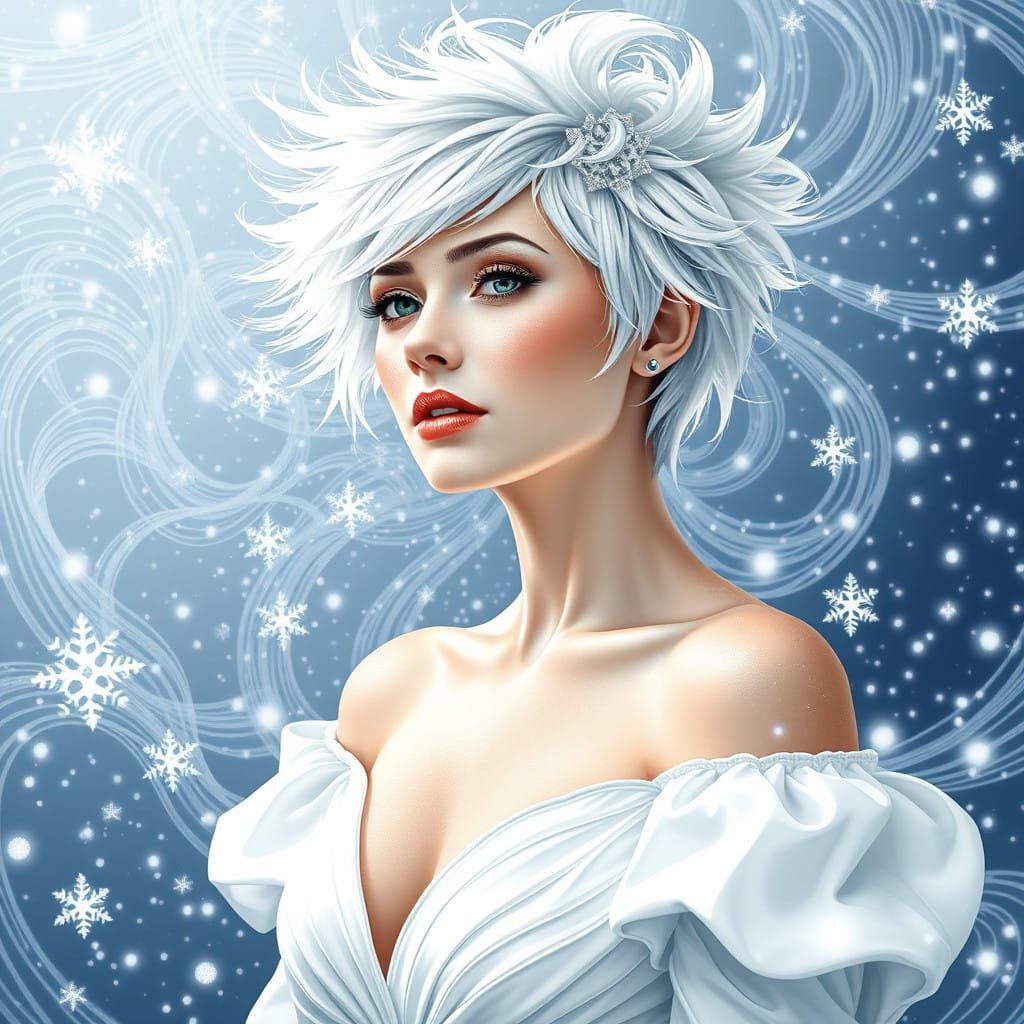 Ethereal Woman in Snowflake Aura, Cyberpunk Style