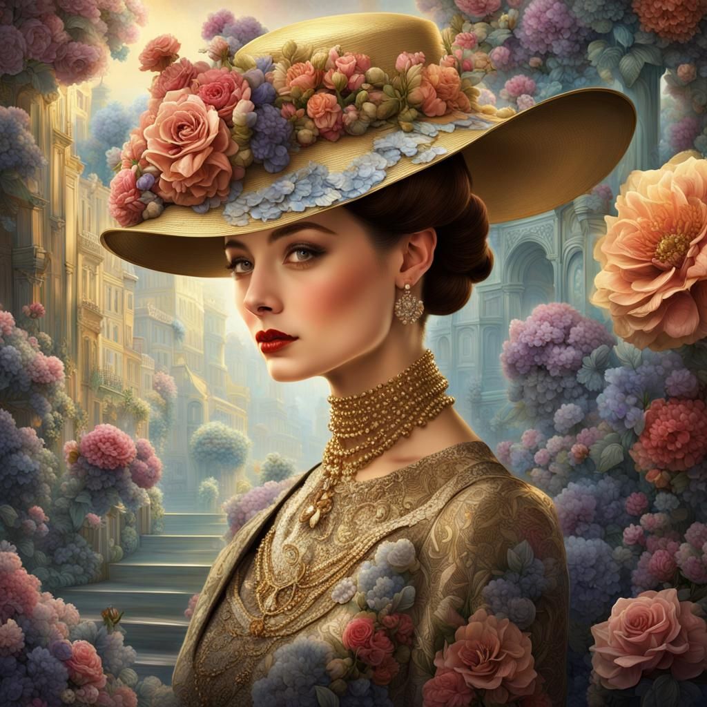 Golden Age Woman with Flowers, Detailed Matte Painting