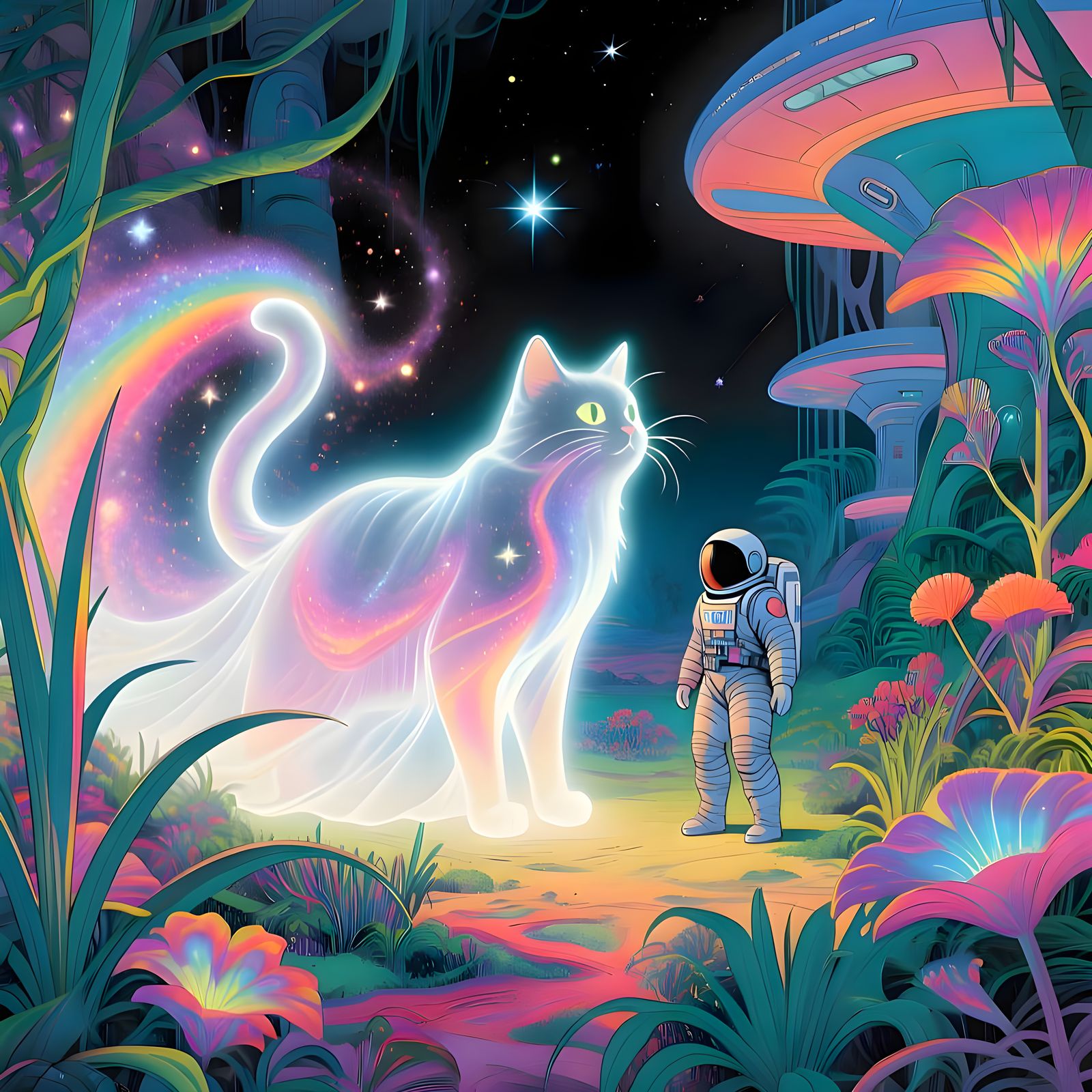 Cosmic Cat Ghost Guides Astronaut Through Alien Jungle
