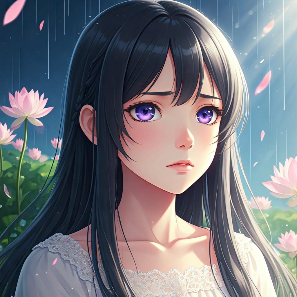 Girl with Violet Eyes in Surreal Landscape