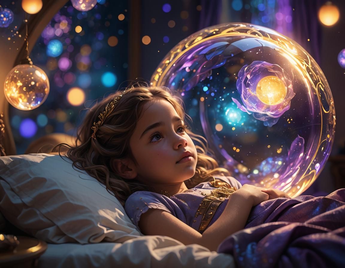 Dreaming Child with Orb and Queen: Hyperrealistic Art