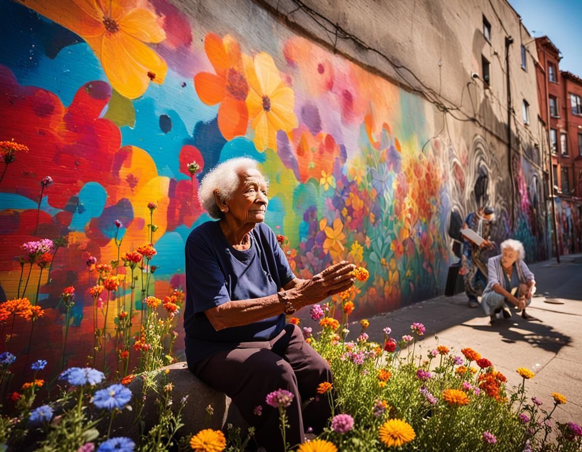 Vibrant Street Art with Flowers and Stencil Graffiti