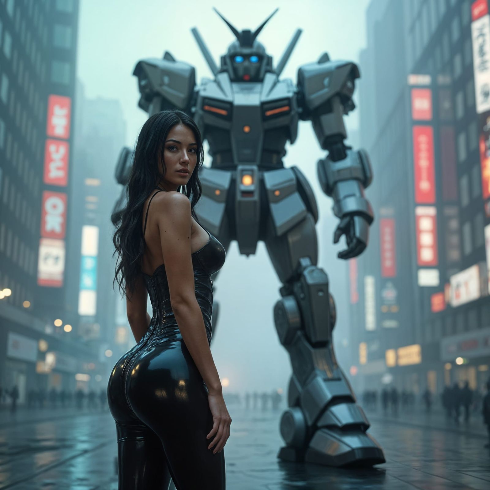 Futuristic Woman in Latex Catsuit Stands Beside Giant Gundam...