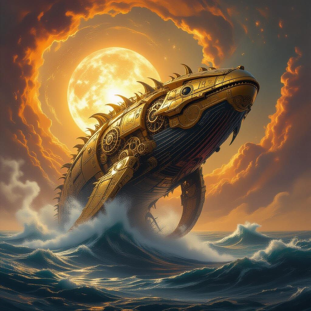 Clockwork Leviathan Breaches Molten Gold Sea Under Binary Su...