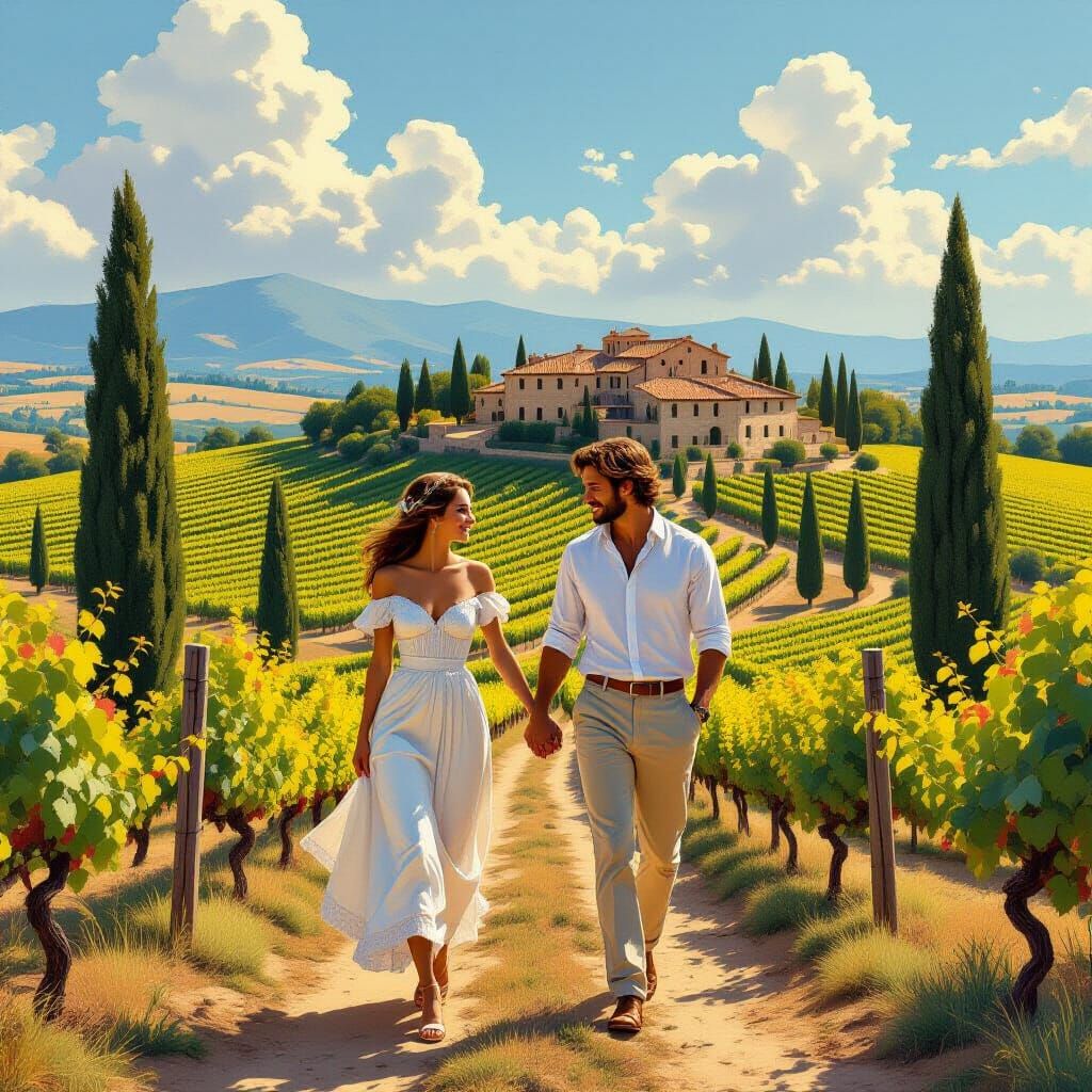 Couple's Tuscan Stroll: Hyperrealistic Italian Countryside