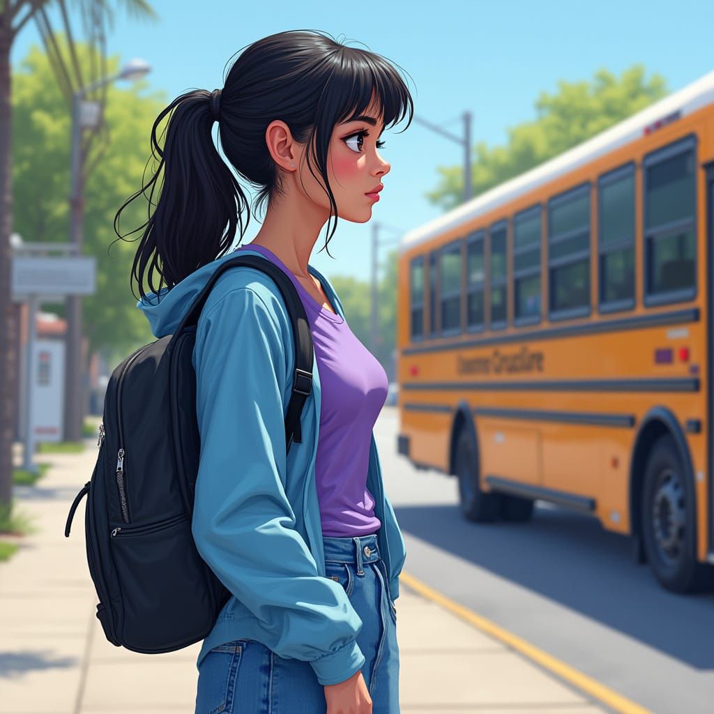 Young Woman at Bus Stop: Hyperrealistic Portrait
