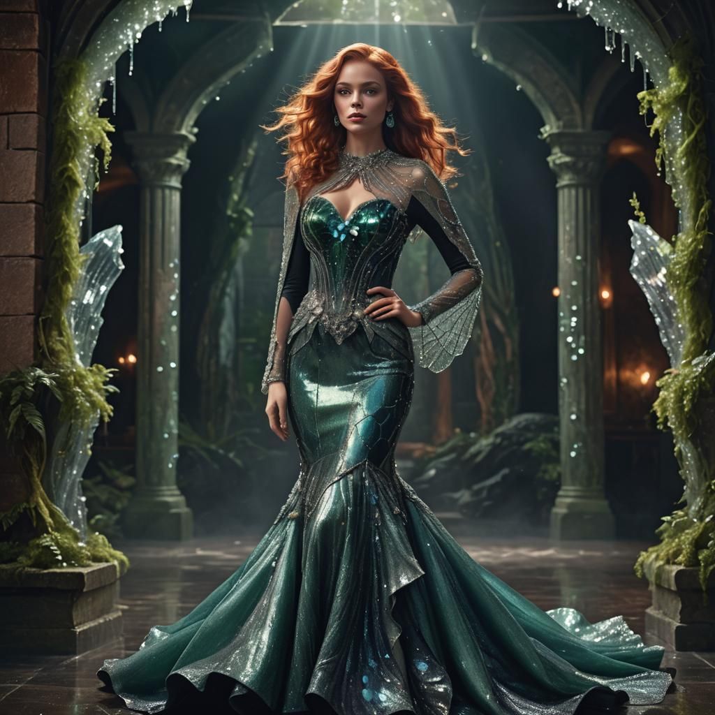 Woman in Crystal Dress Standing in Ballroom: Digital Art