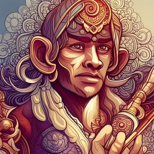 Lord Hanuman Digital Painting with Golden Outlines