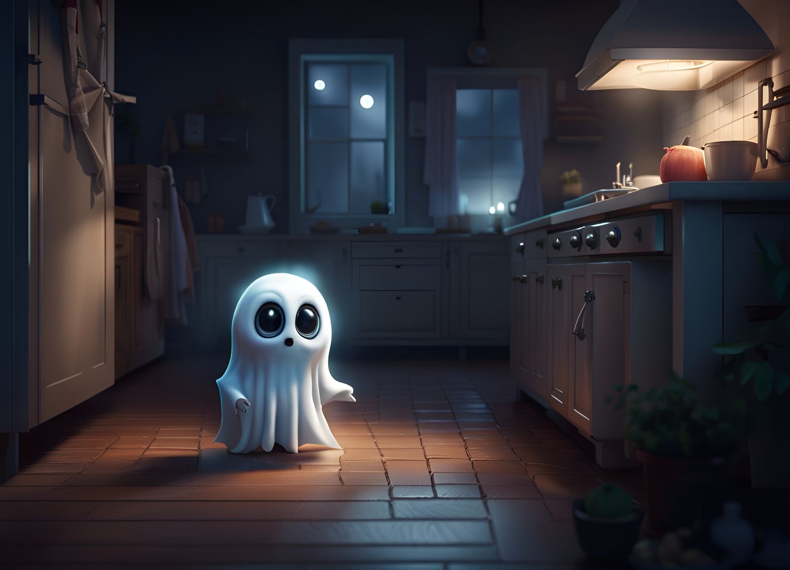 Cute Ghost Scaring Cat in Kitchen at Night