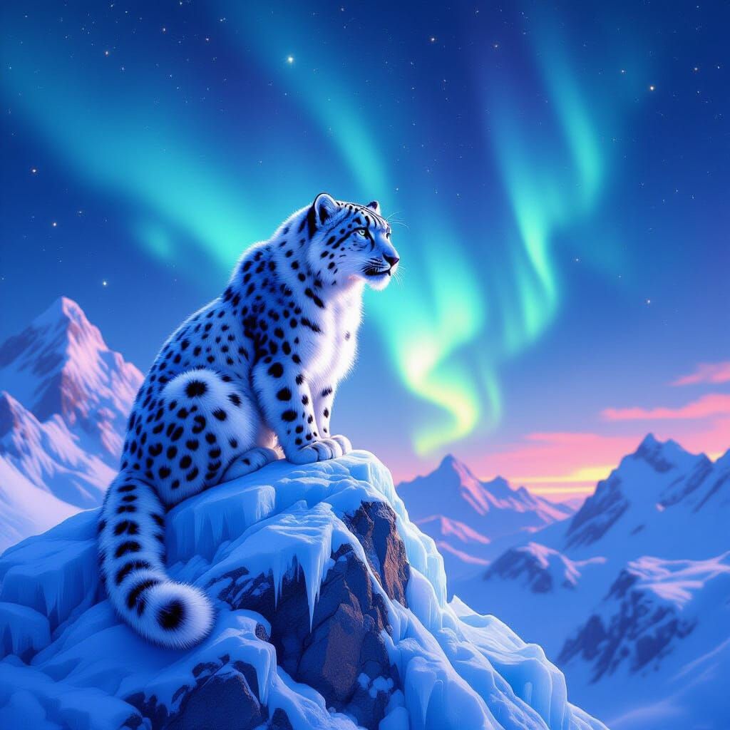 Cosmic Snow Leopard on Crystal Peak Under Aurora
