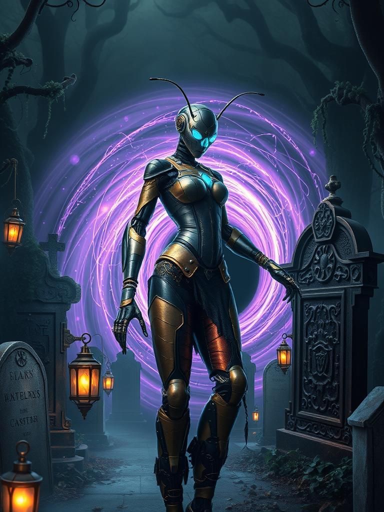 Insectoid Robot Harnessing Black Hole Power in Cemetery
