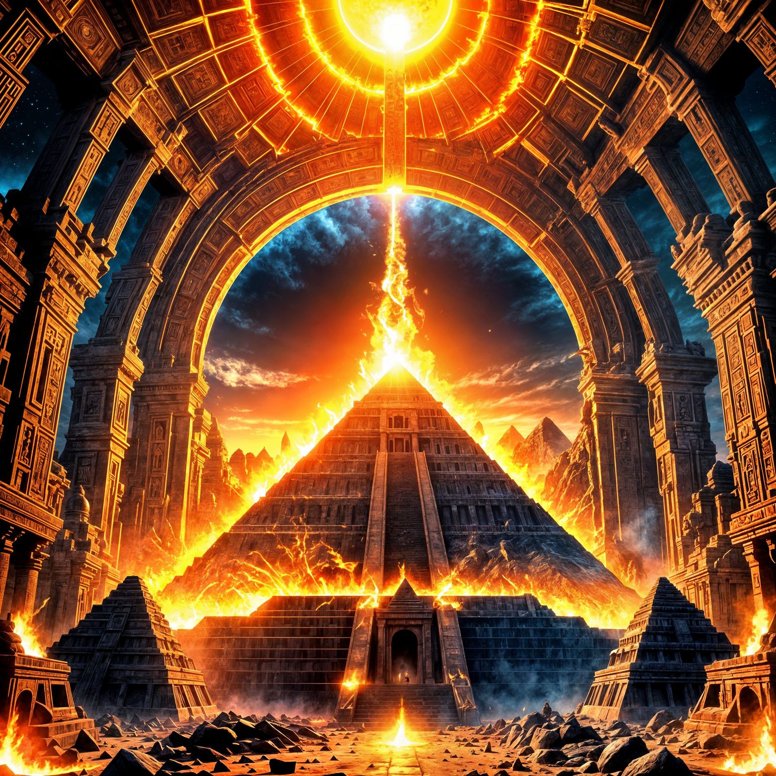 Fiery Sun Orbiting Pyramid Temple Tunnel Effect