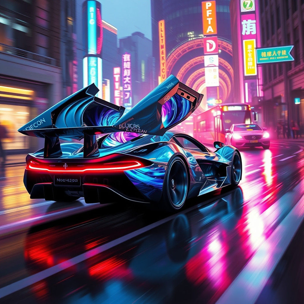 Futuristic Supercar with Holographic Projection in Cyberpunk...