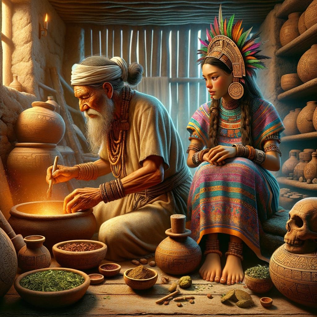 Ancient Aztec Medicine Scene: Healer and Patient