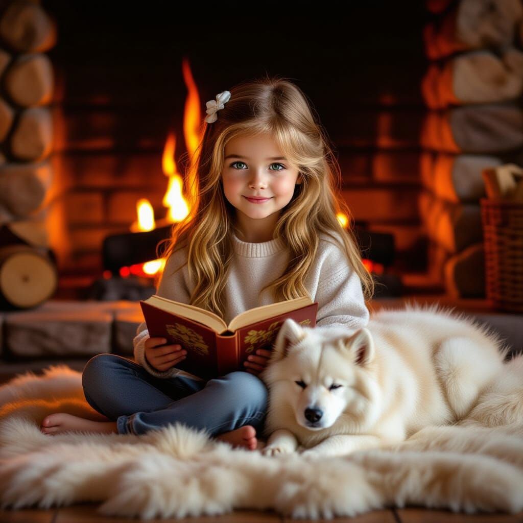Cozy Firelit Portrait of a Girl Reading with Her Dog
