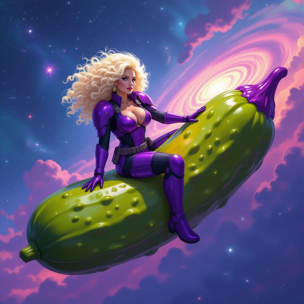 Woman Rides Gigantic Pickle Through Starry Cosmos