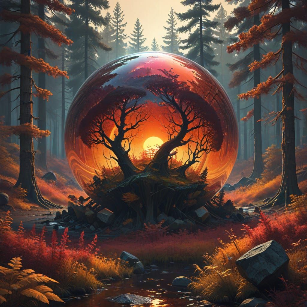 Fractal Autumn Landscape with Golden Light and Deep Red Hues