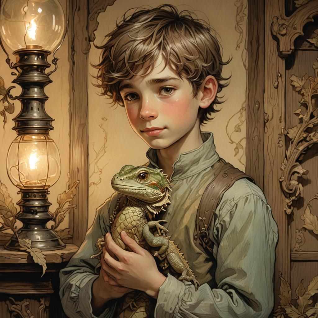 Boy and Magical Lizard: Whimsical Fantasy Illustration
