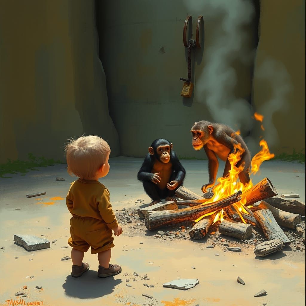 Child Observes Chimpanzee and Monkey Near a Small Fire