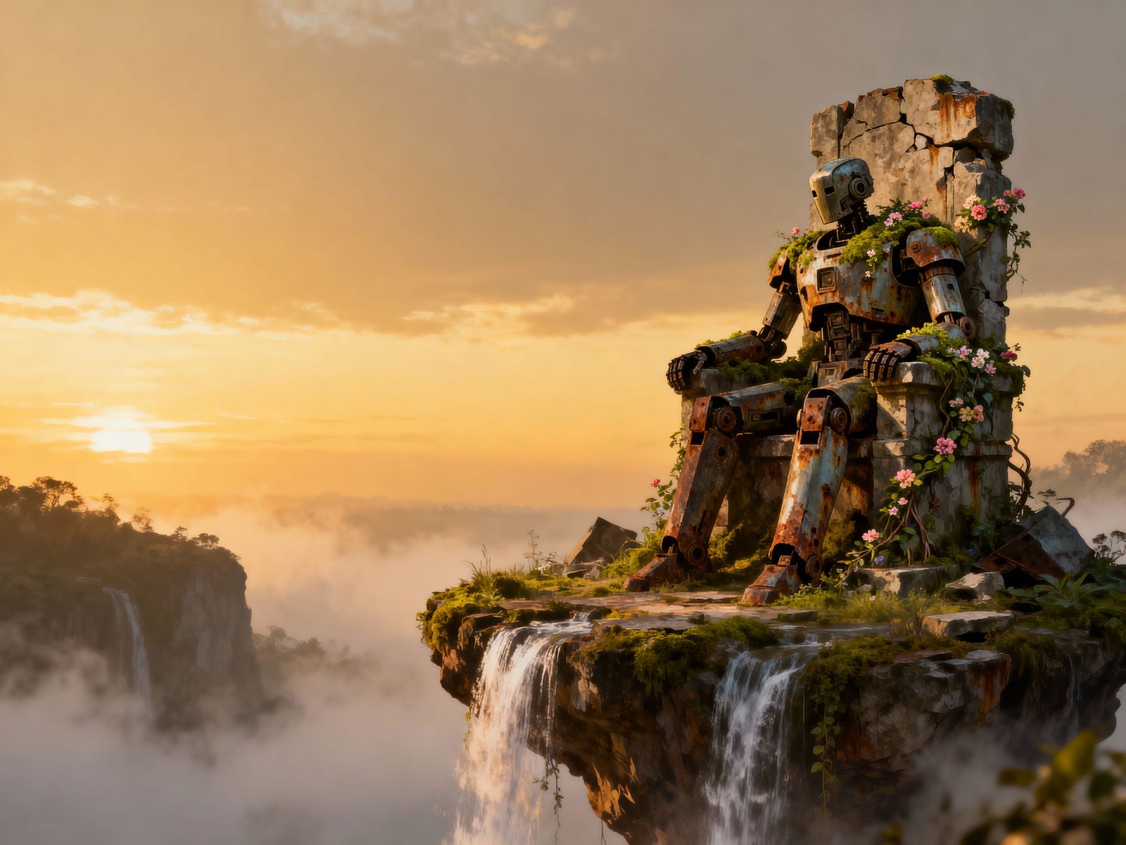 Robot Warrior on Throne in Serene Sky