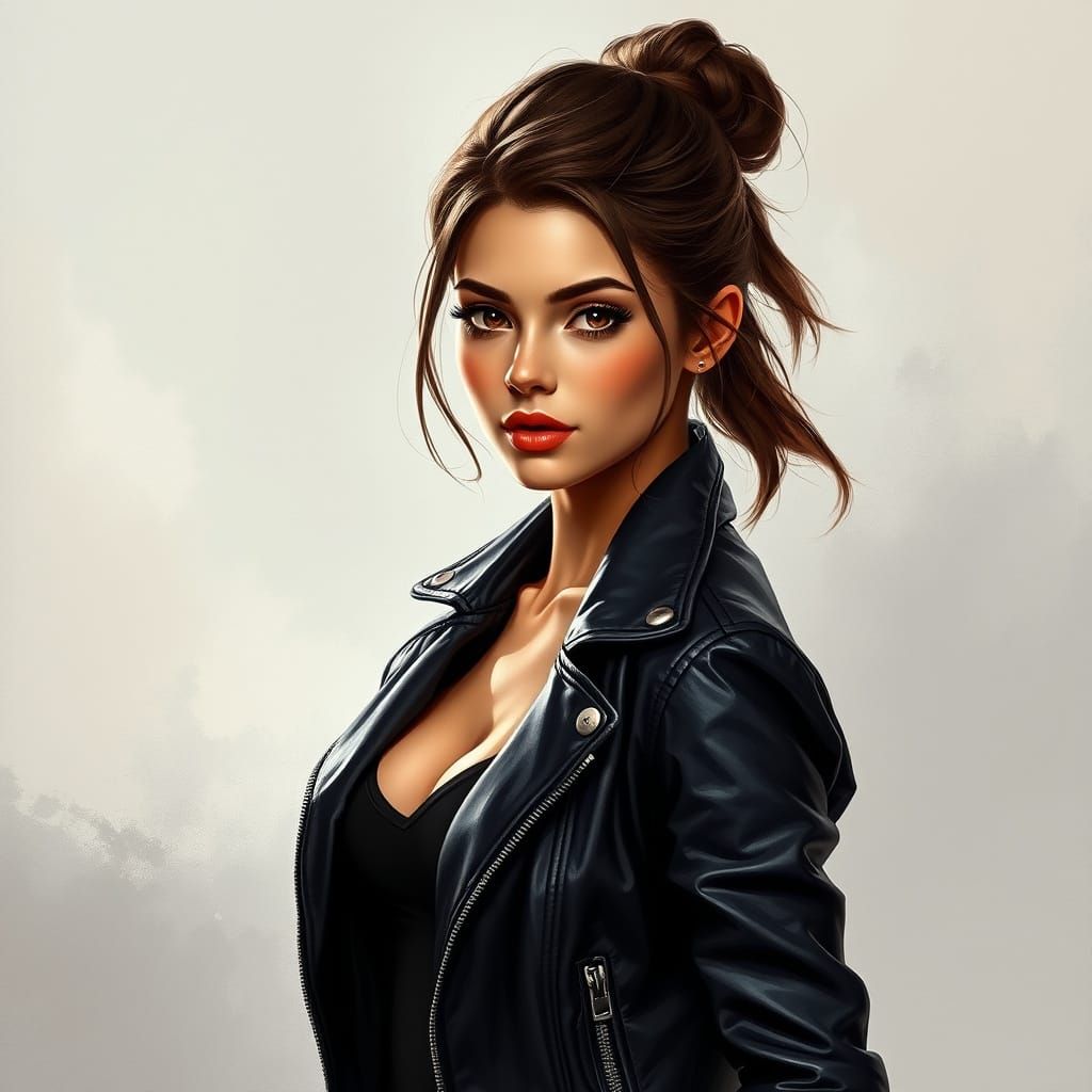 Sensual Rocker Chick in Muted Monochrome, Watercolor-Inspire...