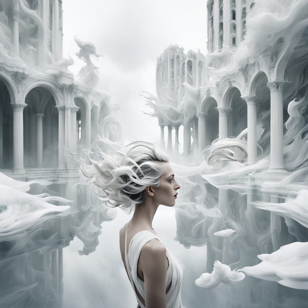 Surreal portrait bathed in endless shades of white