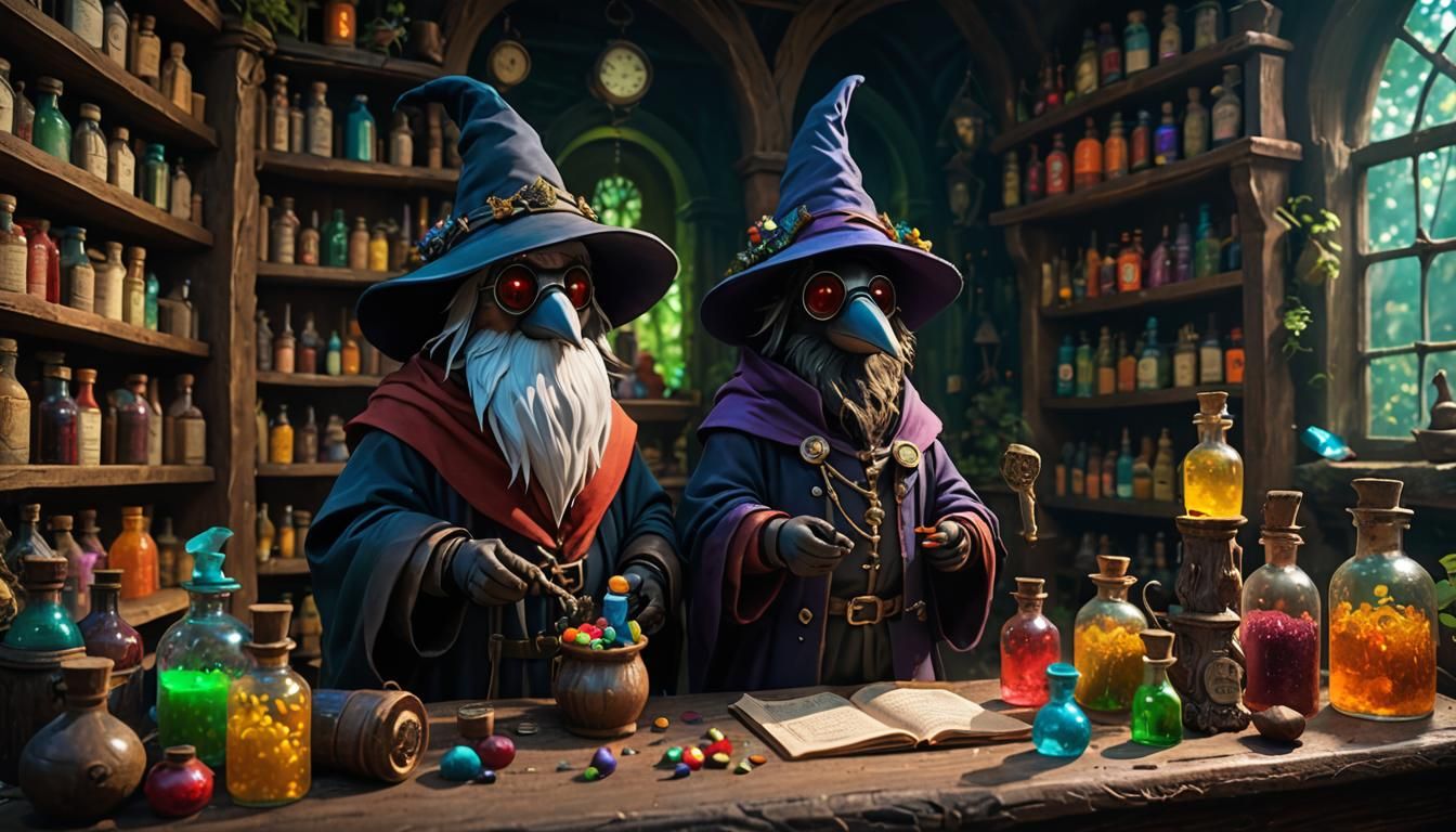 Plague Doctor Gnome in Steampunk Pharmacy