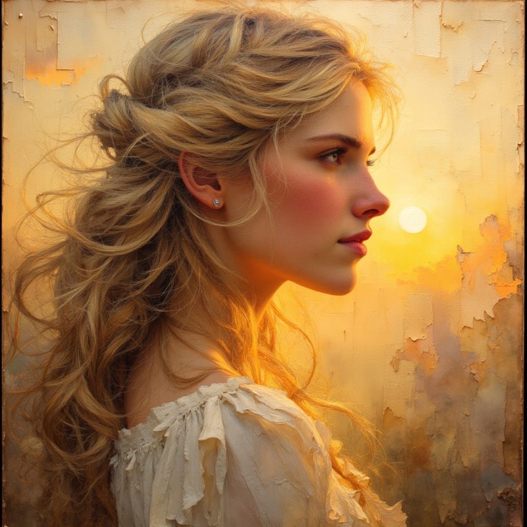 Blond Woman in Cream Dress, as Impasto Oil Painting