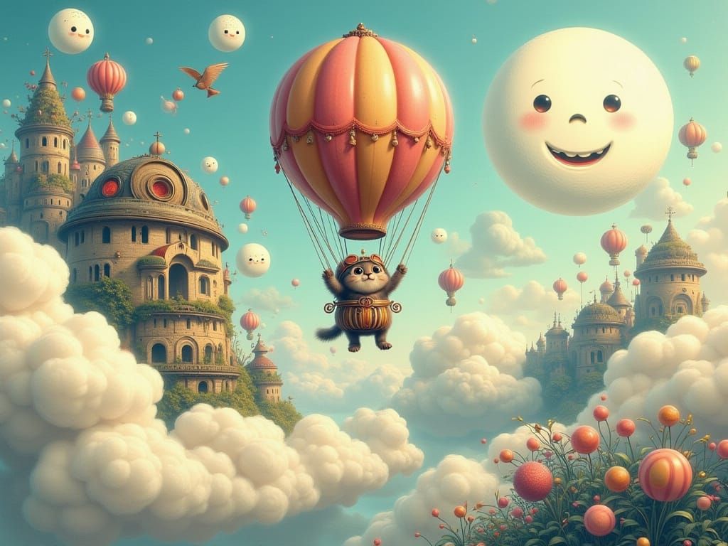 Whimsical Cat Pilots Hot Air Balloon to Smiling Moon