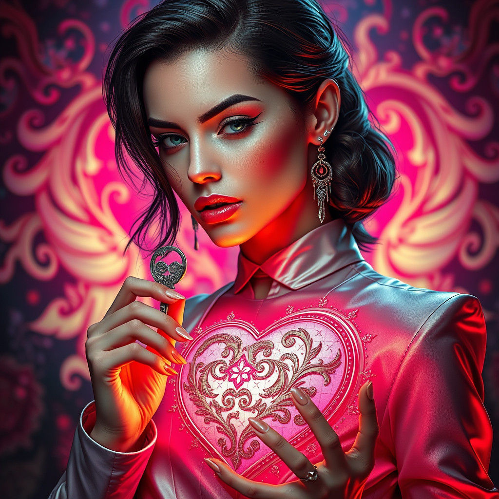 High Fashion Woman Unlocks Heart: Hyper-Realistic Splash Art