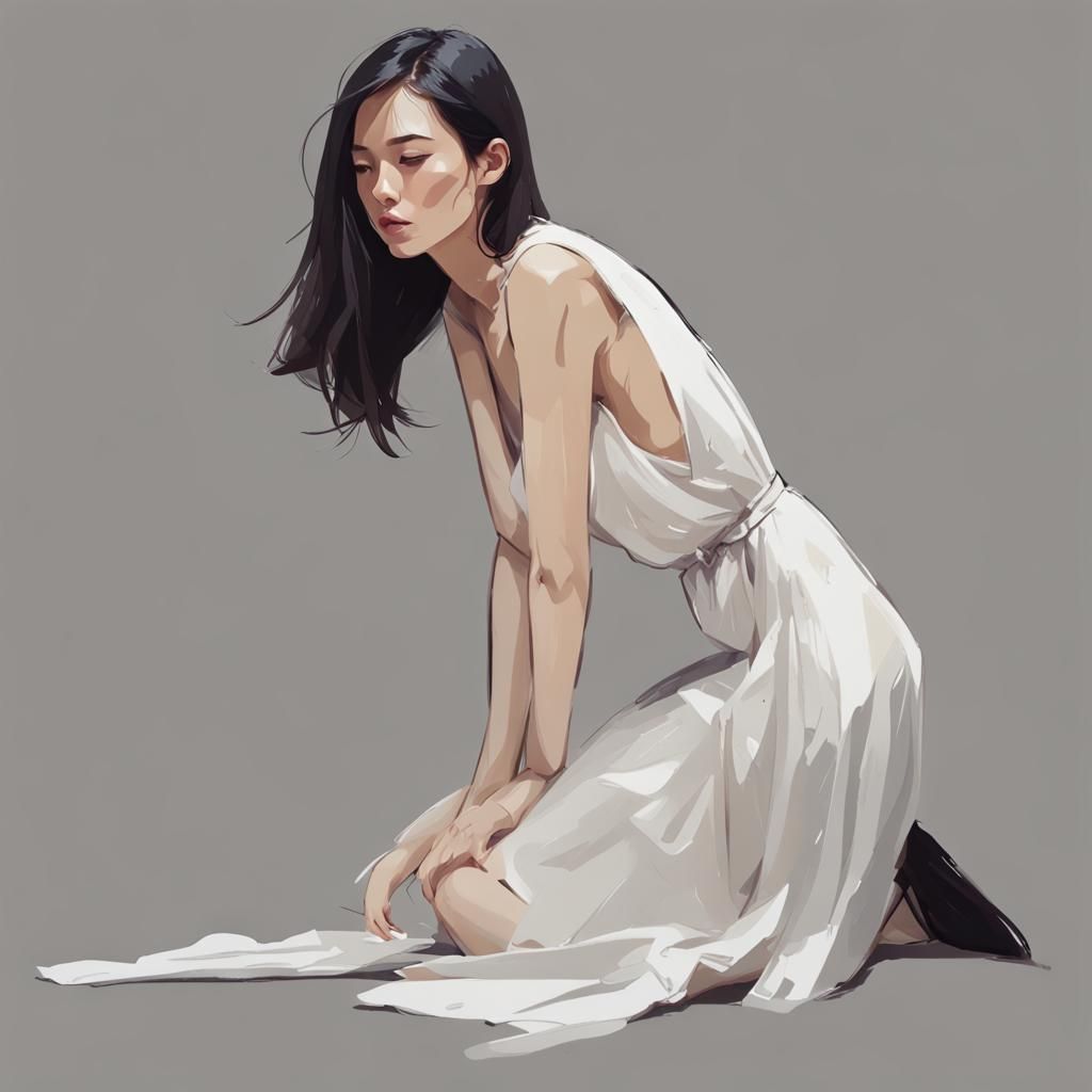 Woman in Dress Kneeling, WLOP Style Digital Art
