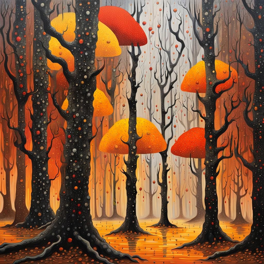 Surreal Pointillist Forest in Torrential Downpour