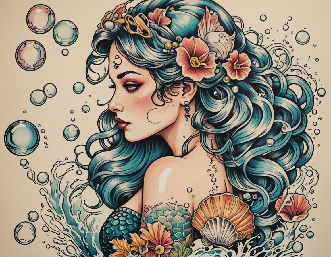 Classic Mermaid Tattoo Design in Colored Ink