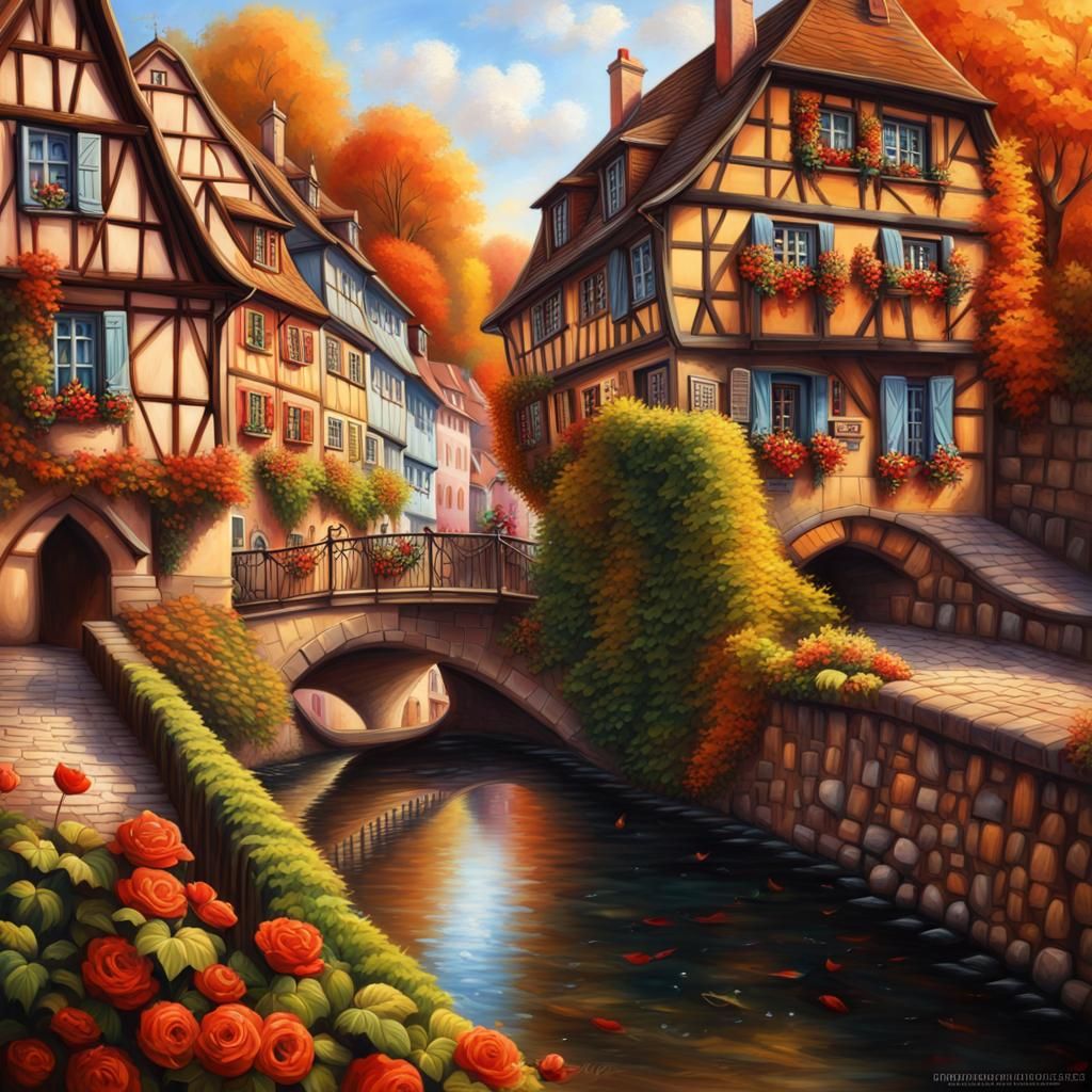 Alsatian Village of Colmar in Autumn: Hyperdetailed Oil Pain...