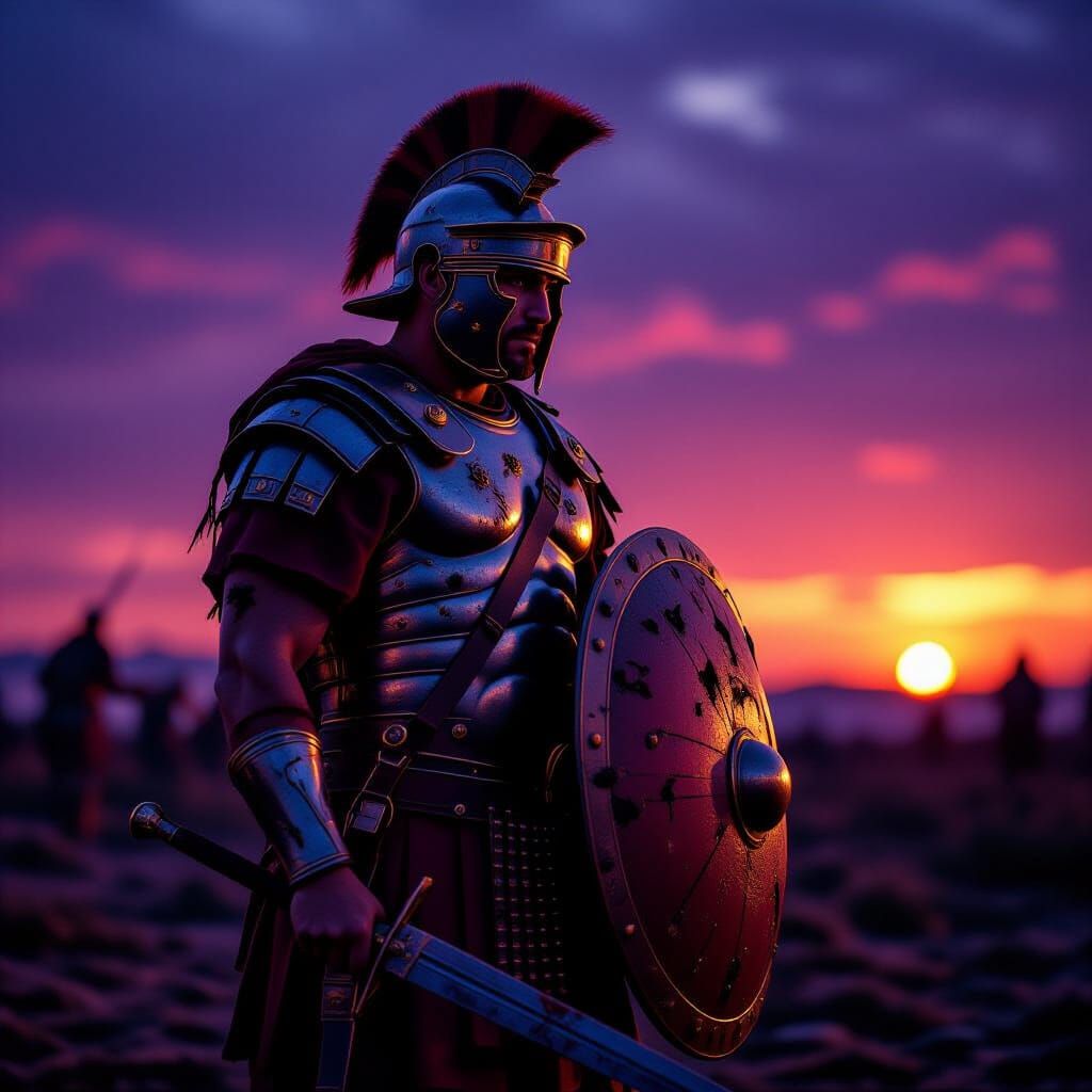Roman Centurion on Dusk Battlefield, Grim Determination