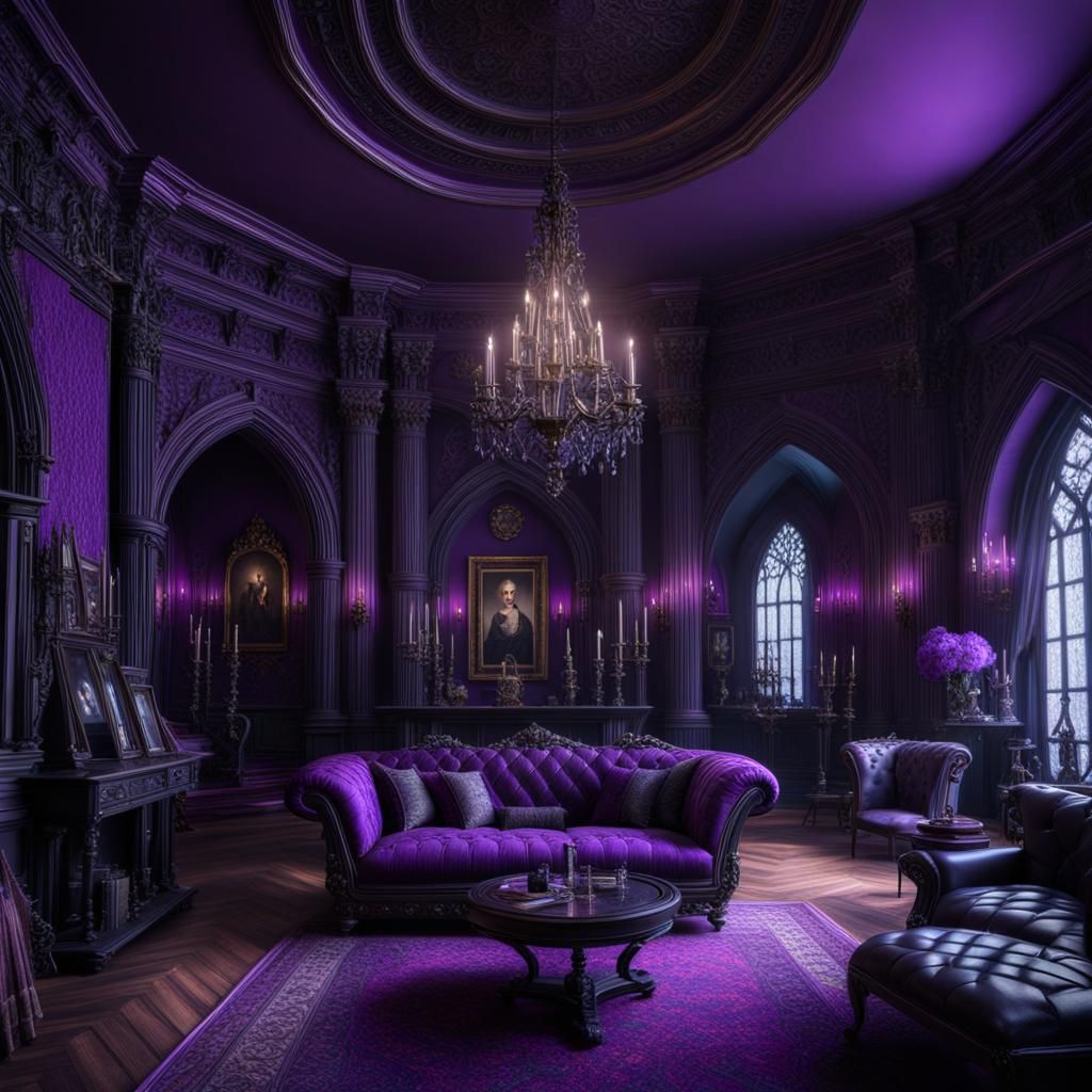 Gothic living room with purple walls& gothic vibes& ethereal vibes& magical vibes& crystal vibes& trending on Artstation...