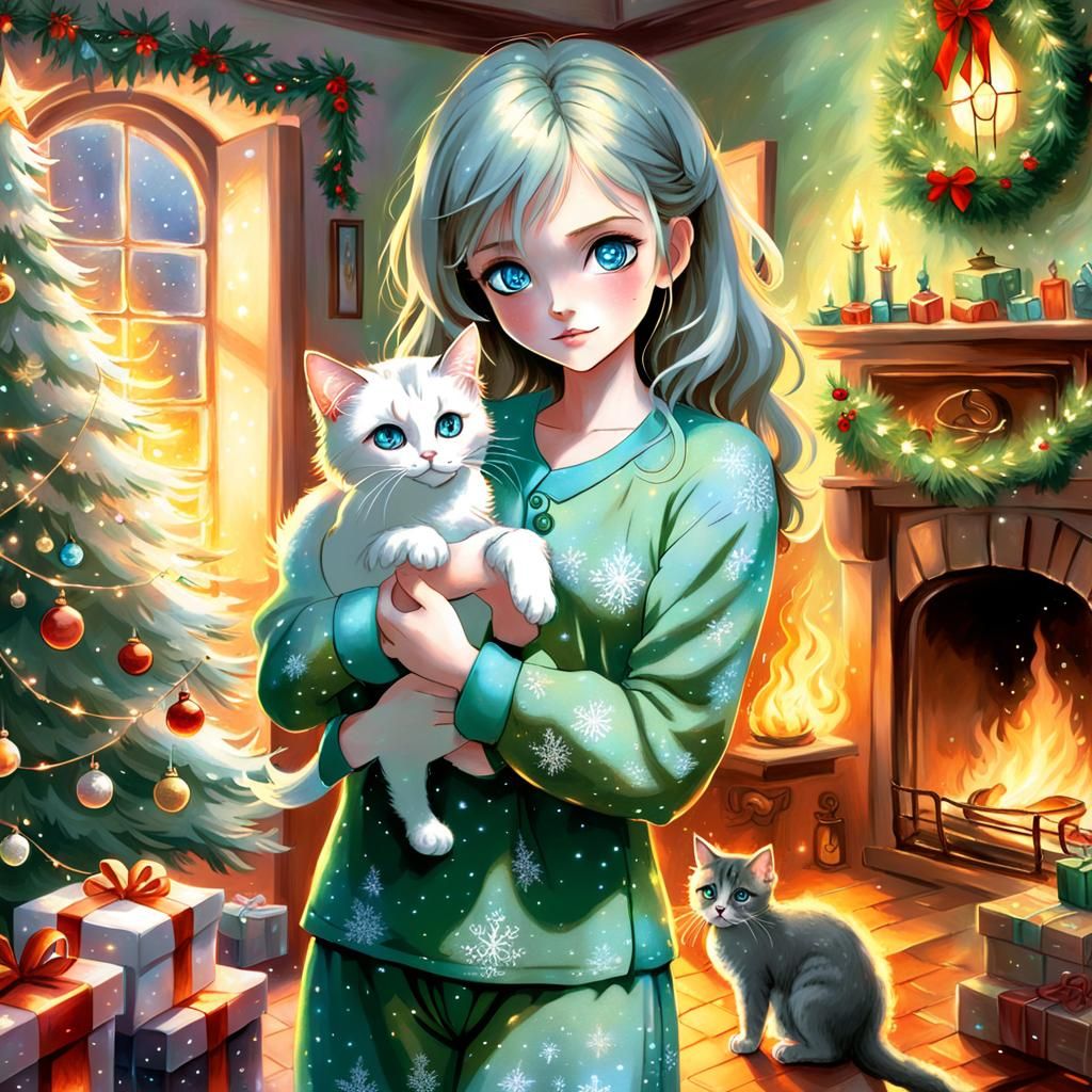 Anime Girl with Cat by Christmas Tree in Kinkade Style
