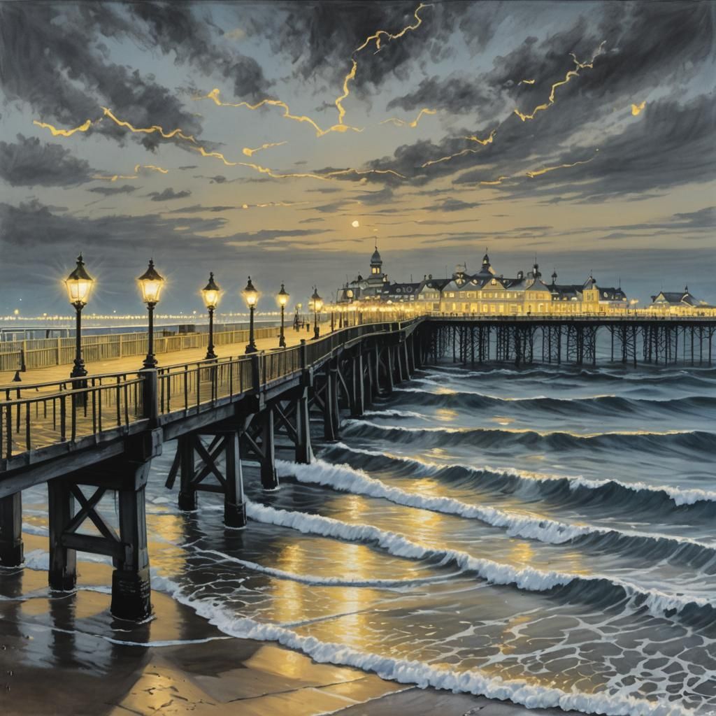 Brighton Pier at Dusk: Charcoal Drawing with Pastel Lights